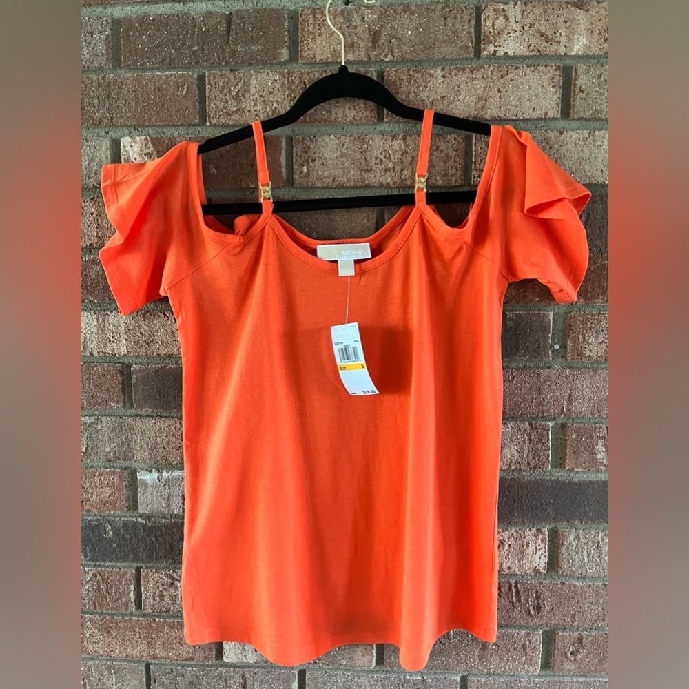 💫HOST PICK💫Michael Kors Orange Cold Shoulder Top Size Small or Large - Picture 2 of 6